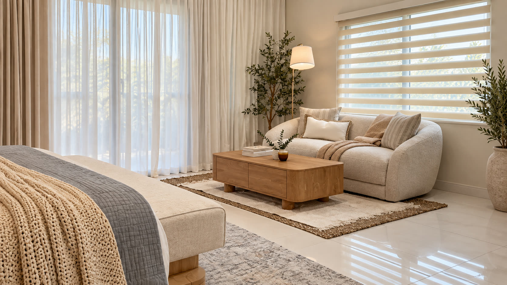 A sunlit room in warm neutrals with a bouclé loveseat, oak coffee table and layered rugs beside sheer-curtained windows.