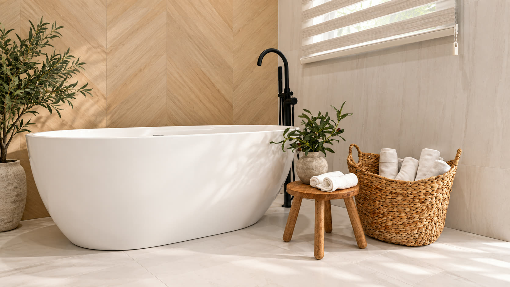 A bright bathroom in warm neutrals, with a freestanding tub, a chevron timber wall and a basket of rolled towels.